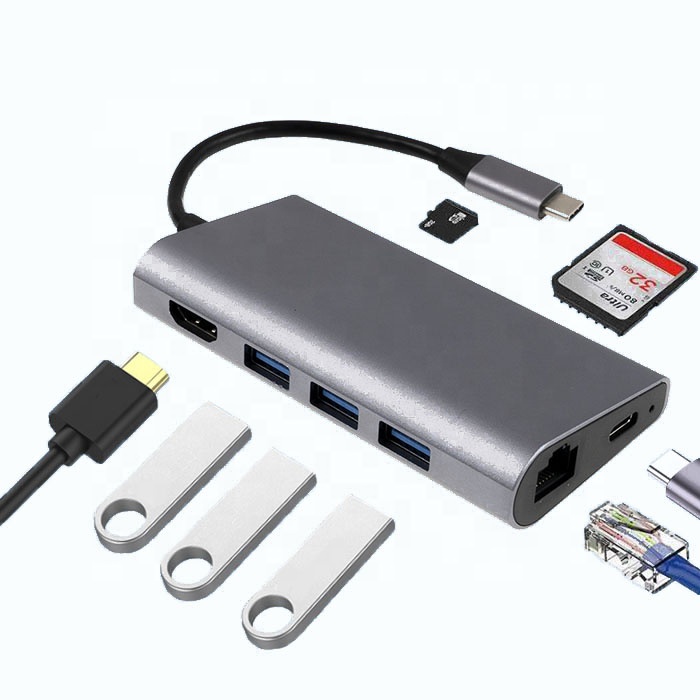 8-портовый многофункциональный компьютер USB C Ethernet-разветвитель 8 в 1 с U3 * 3 + SD + TF + HDMI-совместимый + RJ45 + PD пользовательский USB-концентратор