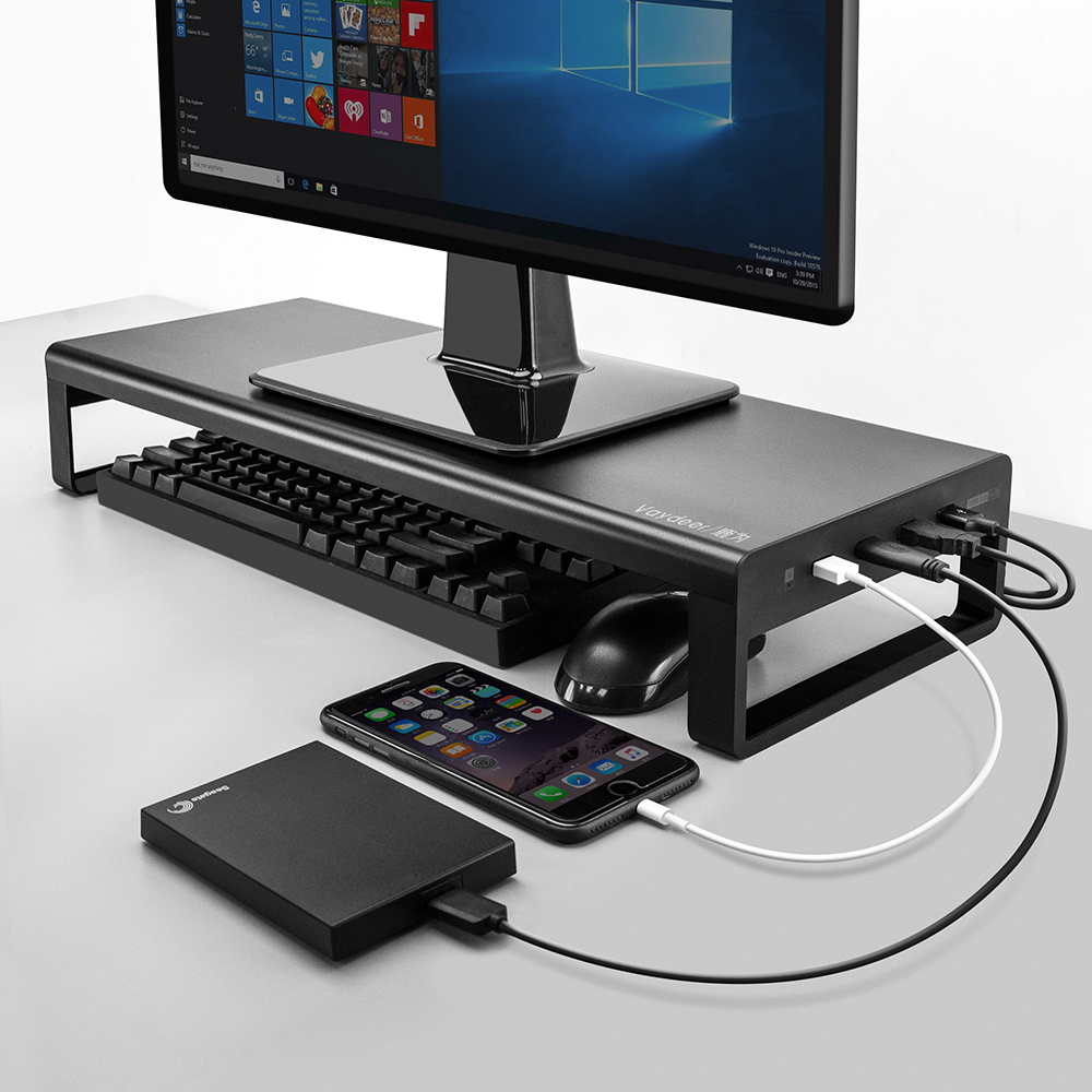 Vaydeer USB 3,0 Алюминиевая Подставка для монитора с металлическим бантиком стояк поддержка передачи данных и зарядки, клавиатура и мышь хранения Организатор для рабочего стола