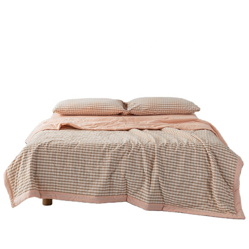 machine washable soft simple pink plaid light thin quilt single double hotel bed wash cotton Linen feel Summer quilt core