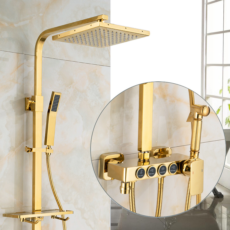 High quality hot and cold four speed function square constant temperature shower gold bathroom faucet set rain shower