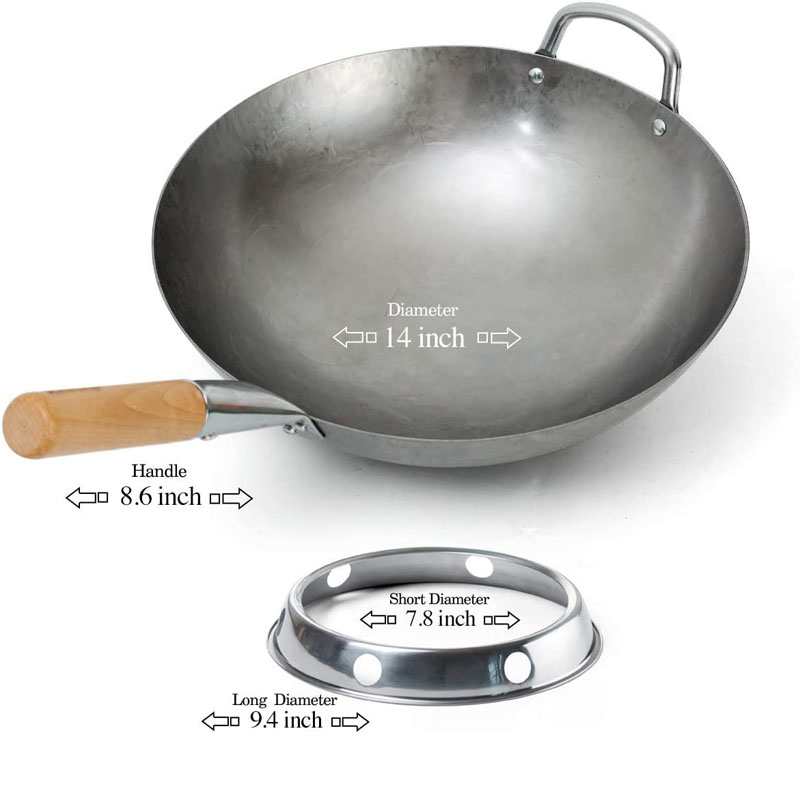High Quality Chinese Hammered Carbon Steel Cooking Wok Set With Wood Handle