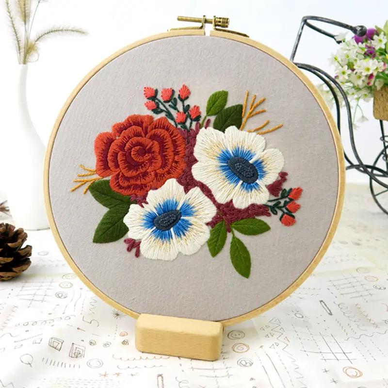 Chinese DIY Embroidery Kit with Hoop, Flowers Pattern, Needlework Cross Stitch, Handmade Sewing Craft Wall Art Home Decoration