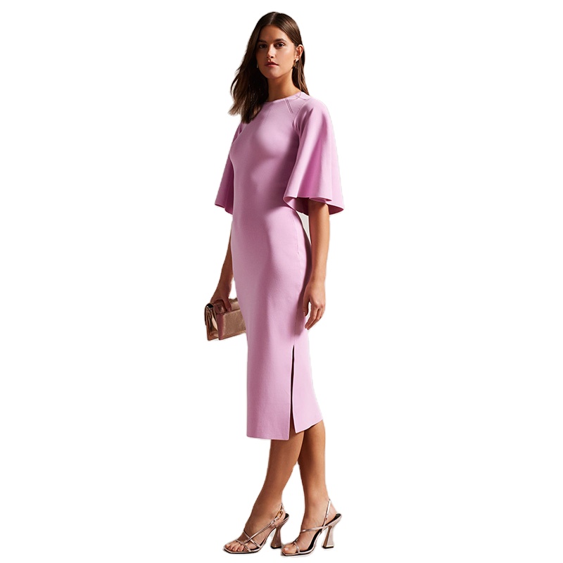 Factory Custom Solid Color Half Of Sleeve Crew Neck Half Of Zip Fly Side Slit Knee Length Elegant Women Dress For Party Wear