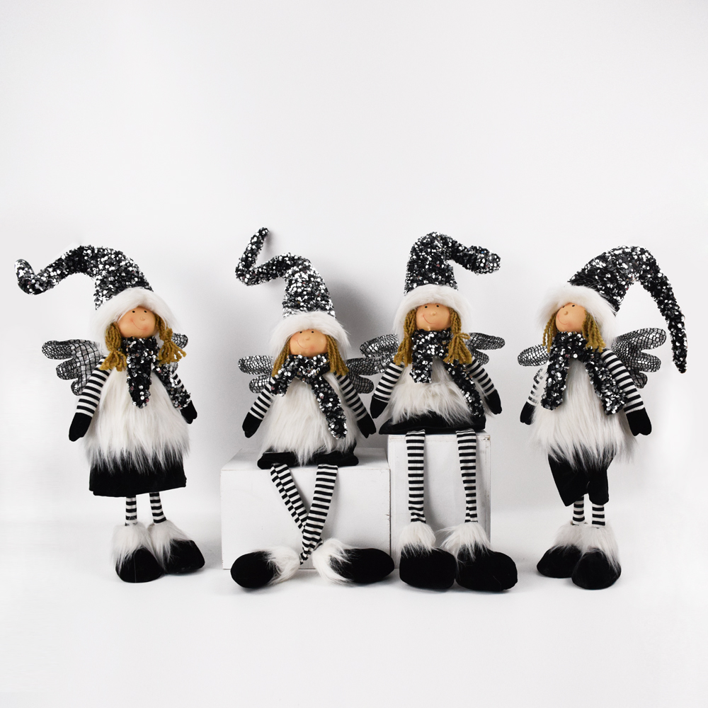 High Quality Standing Elf Dolls Christmas Felt Angel Black Sequin Crafts Holiday Gifts Festival Decorative Angel with Wings