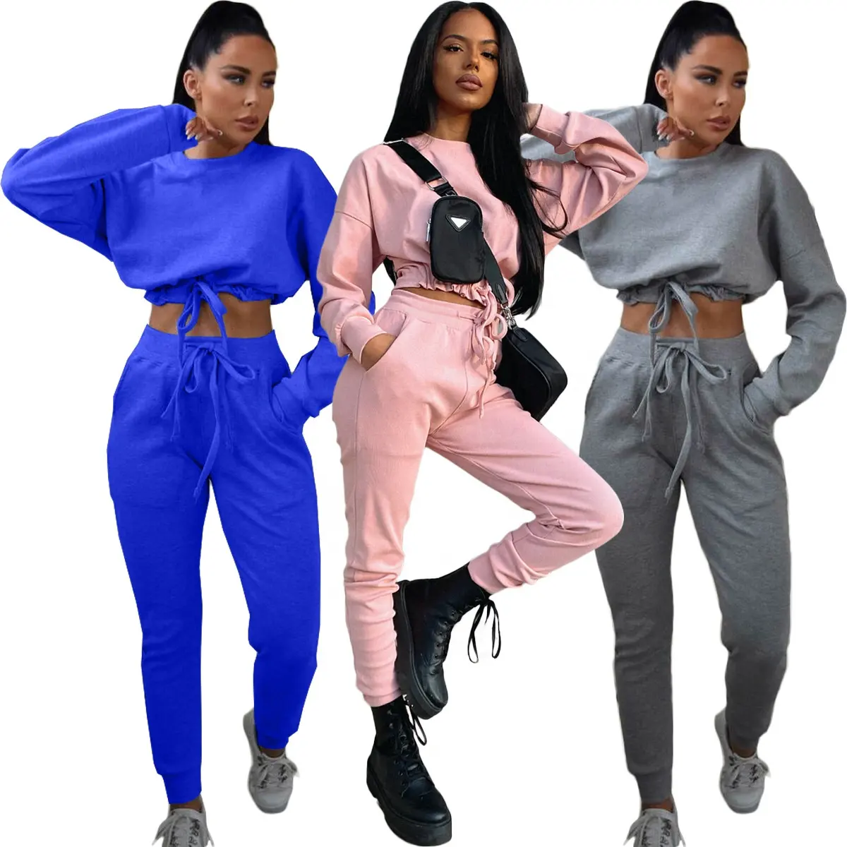 Wholesale Sportswear Women Two Piece Outfits Long Sleeve Drawstring Crop Tops Pants Set Women Jogging Suits