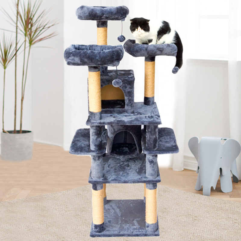 Deluxe Particle Board Cat Climbing Tree Wooden Cat Tree House Condo with Scratching Post Plush Perch Hammock