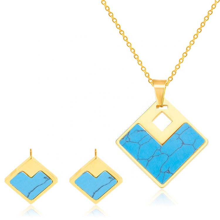 Wholesale Stainless Steel Jewelry Set Turquoise Charm Gold Plated Geometric Earrings And Necklaces