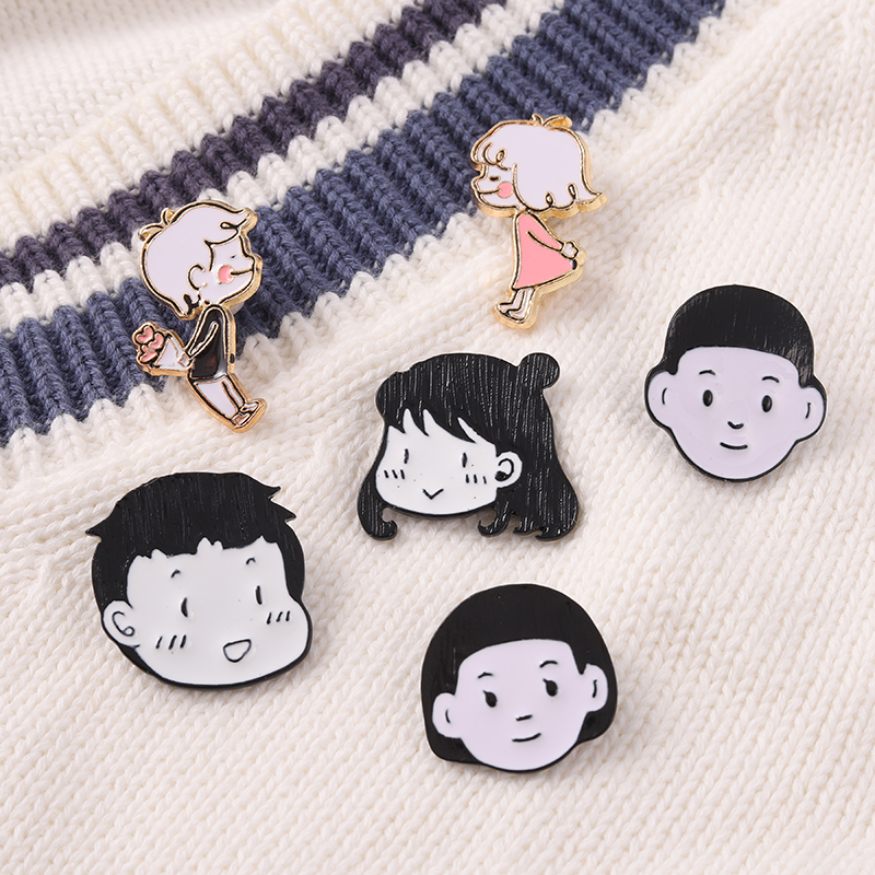 Cute Portrait Enamel Pins Custom Korean Style Hand Drawn Brooches Metal Bag Hat Lapel Pin Gifts for Children Kids Lovers