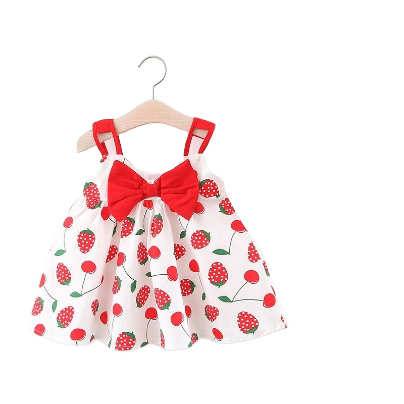 New Arrival Summer Pierced Shoulder Straps Full Strawberry Children Dress