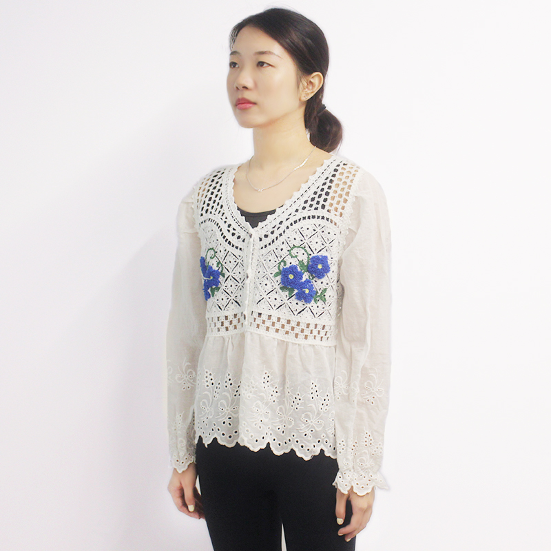2021 Hot Selling Crochet Fabric Long Sleeve Sweaters Women Tops With Embroidery Blue Flower