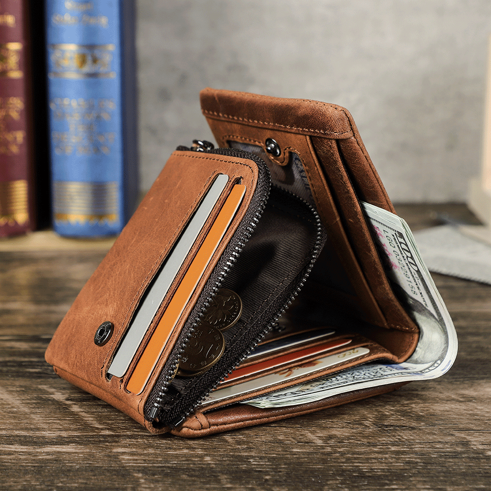 Contact's Factory Wholesale Crazy Horse Leather Trifold RFID Blocking Zipper Pocket Genuine Leather Wallet Coin Card Men Purse