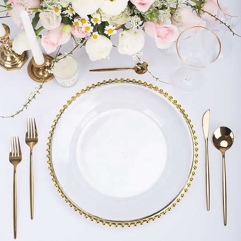 wholesale designer round clear silver rose gold rimmed plastic glass charger plates wedding decoration dinner plate chargers