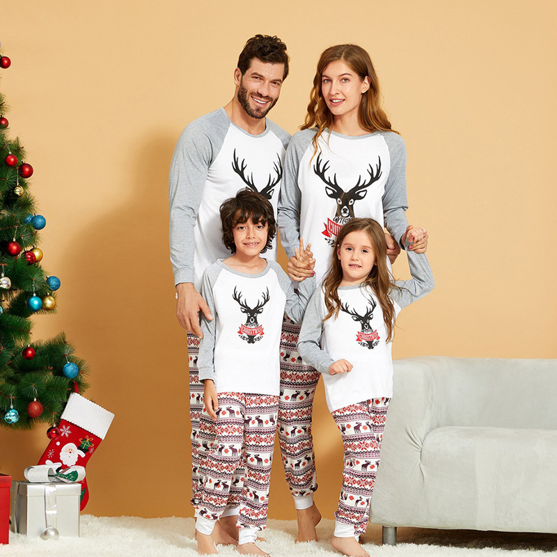 Simple Christmas Family Pajamas Sets Patchwork Long Sleeve O Neck T Shirts Sleepwear Print Children's Pyjamas Wholesale