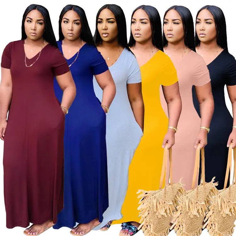 Wholesale Casual Long Dress Plain Color Stretchy Ladies Plus Size Elegant Loose Clothes Summer Women Maxi Dresses