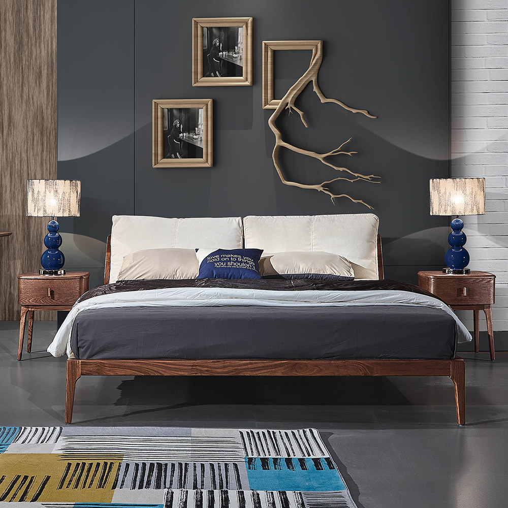Nordic unique design ash solid wood with fabric bed furniture for bedroom