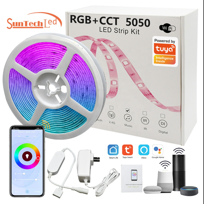 Club Bar Home Hotel Decoration Tuya rgb cct SMD 5050 smart wifi led strip kit Voice Control 5m IP65 with remote controller
