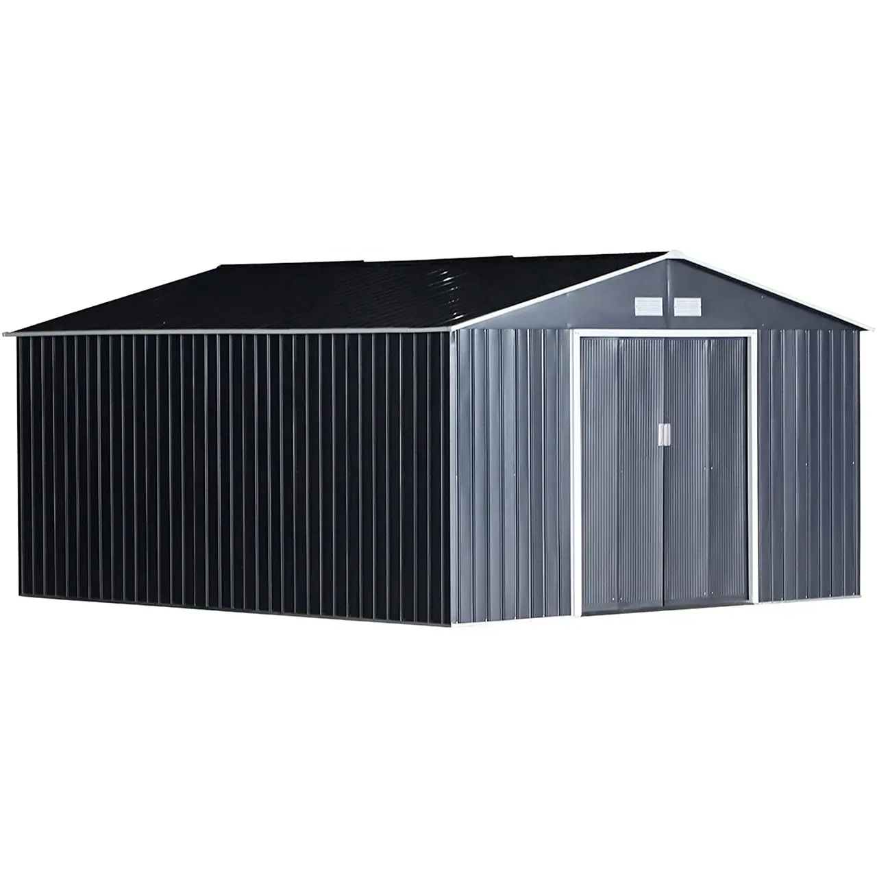 Large Black Outdoor Storage Shed with Two Doors and Lock