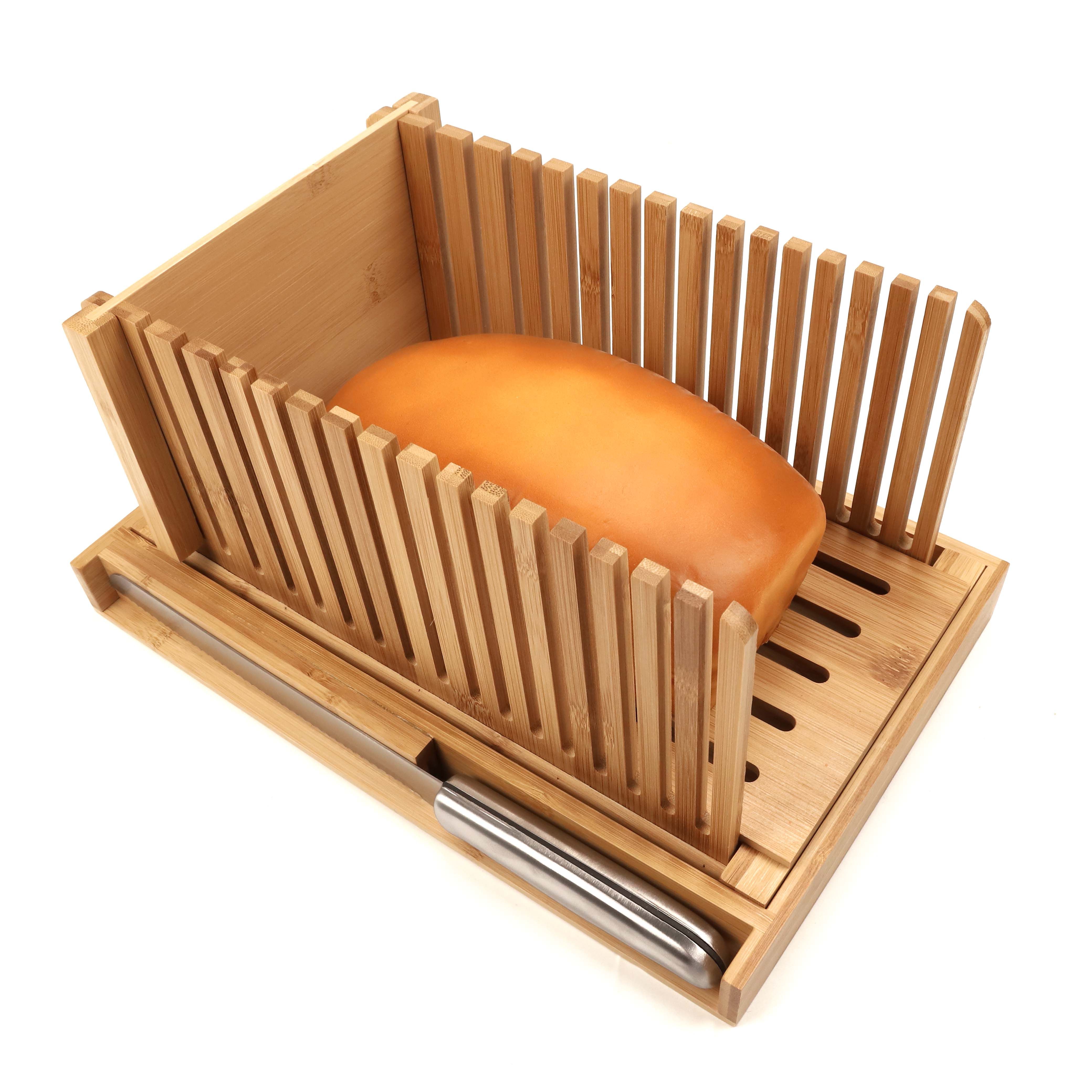 Foldable Adjustable Guide Bun Big Slice Ajustible Food Sense Loaf Sandwich Bamboo Wooden Bread Slicer With Crumb Tray