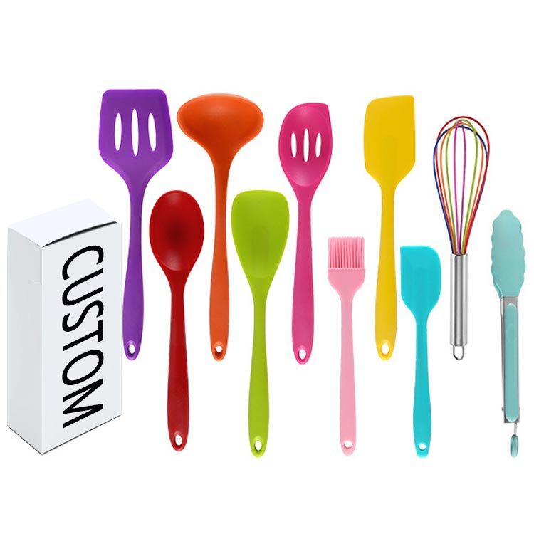 10Pcs Non-Stick Colorful Cookware Cooking Kitchen Gadgets Silicone Kitchen Utensils Set With Spatula Spoon Tongs Whisk