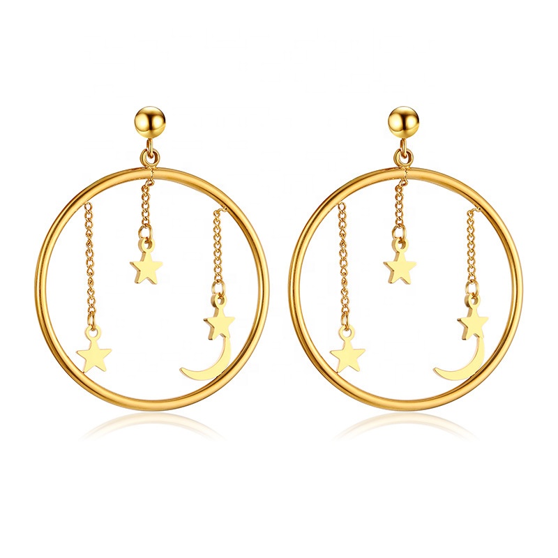 Hip Hop Retro Big Stud Earrings Gold Plated Stainless Steel Moon Star Linked Charms Special Drop Hoop Earring