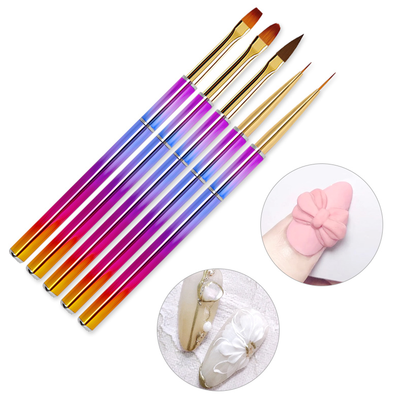5Pcs/Set Gradient Rainbow Colorful Metal Handle Nylon Hair Liner Brush Nail Art Painting Carved Pen Phototherapy Tools