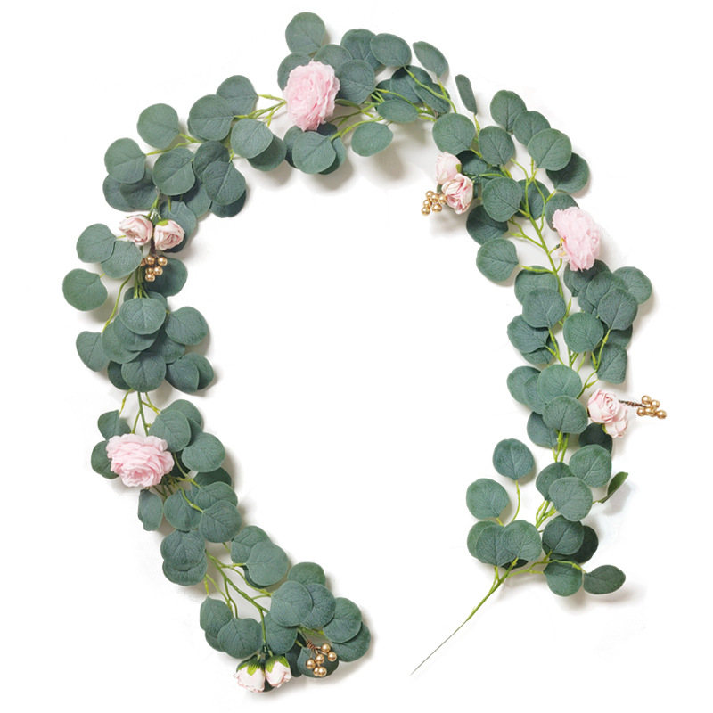 L06227 wedding home party decor artificial eucalyptus garland wreath rattan vine eucalyptus garland with peony gold bead