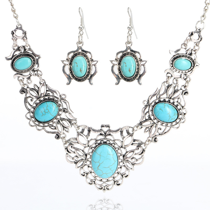 Superstarer Retro Jewelry Set Bohemian Ethnic Turquoise Inlaid Necklace Earring Set Ladies Jewelry