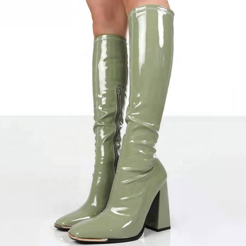 Winter Metal Decoration Square Toe High Chunky Heel Knee High Boots Side Zipper Solid Fashion Plus Size 43