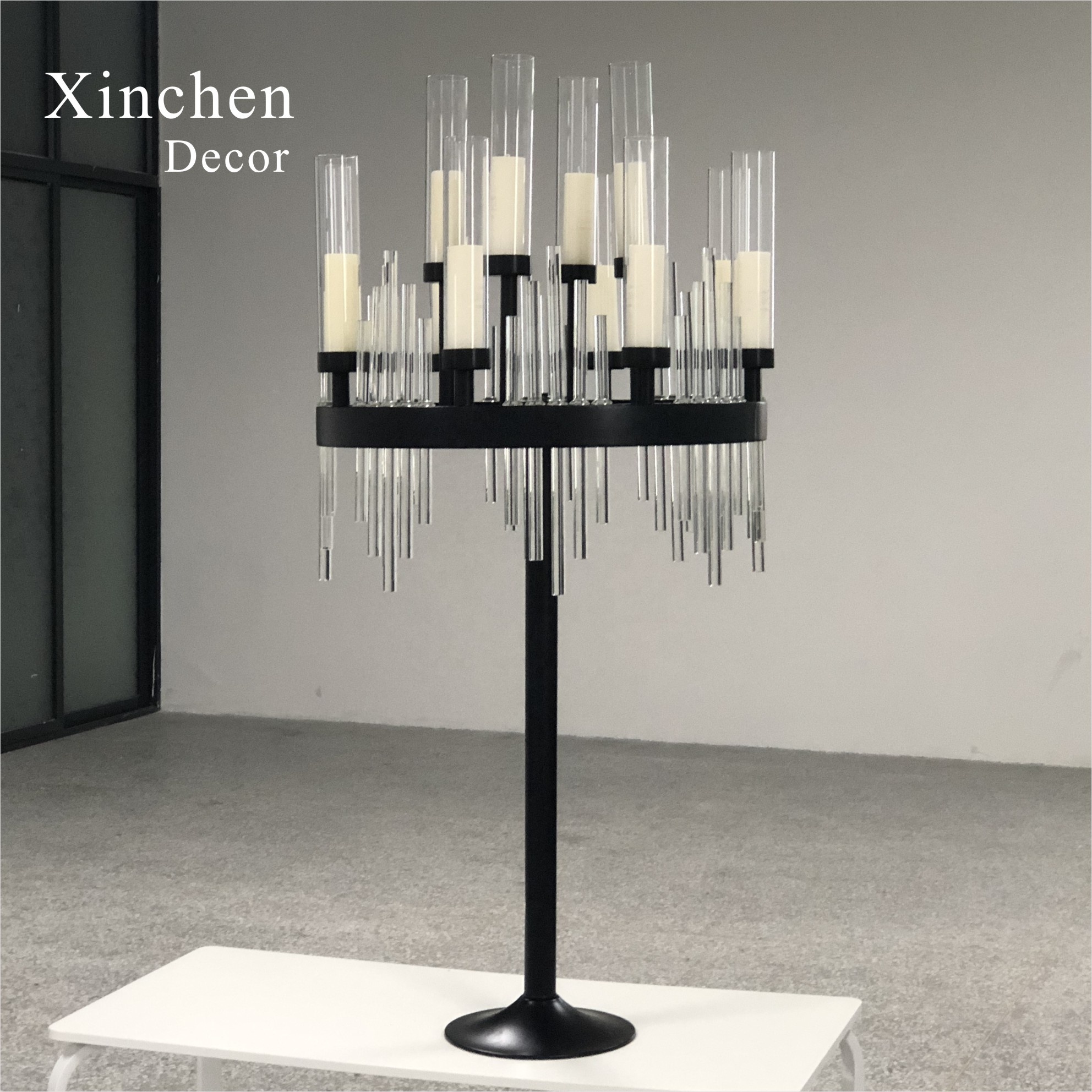 New design large crystal tube black metal standing candelabra for event decor