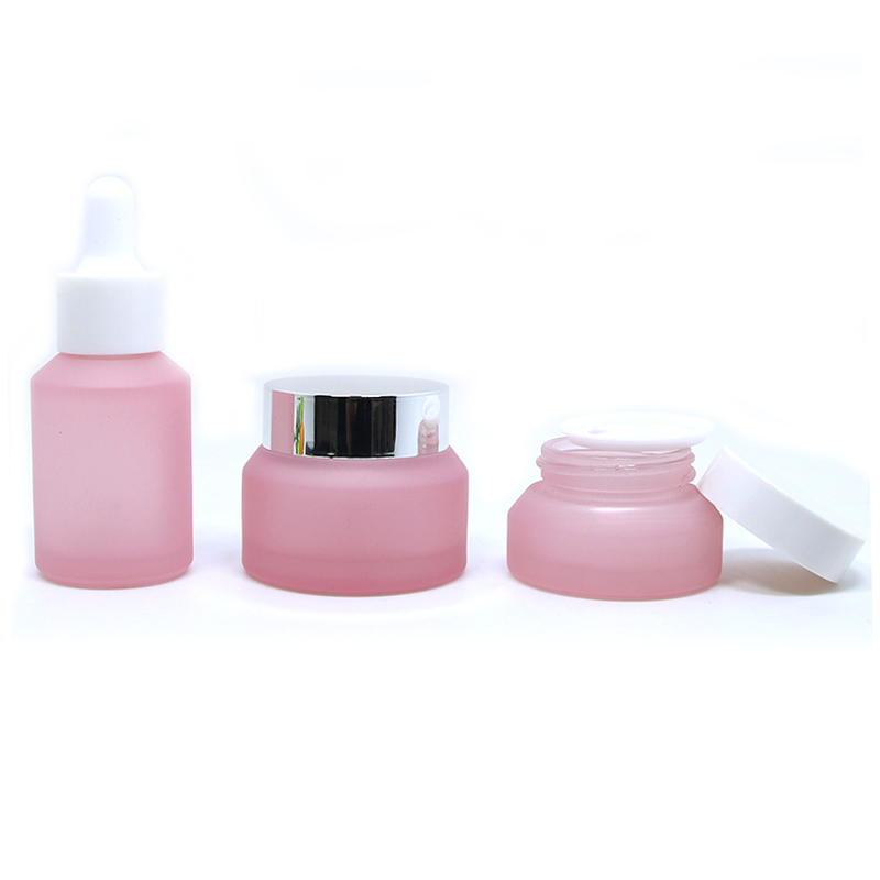 Cosmetic packaging pink matte frosted 30g 50g glass cream jar with silver lid