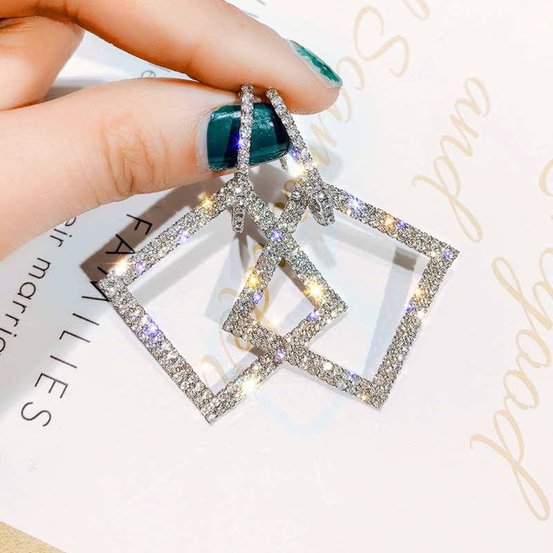Jewelry 925 silver needle exaggerated diamond Square Earrings female Korean long temperament personality earrings