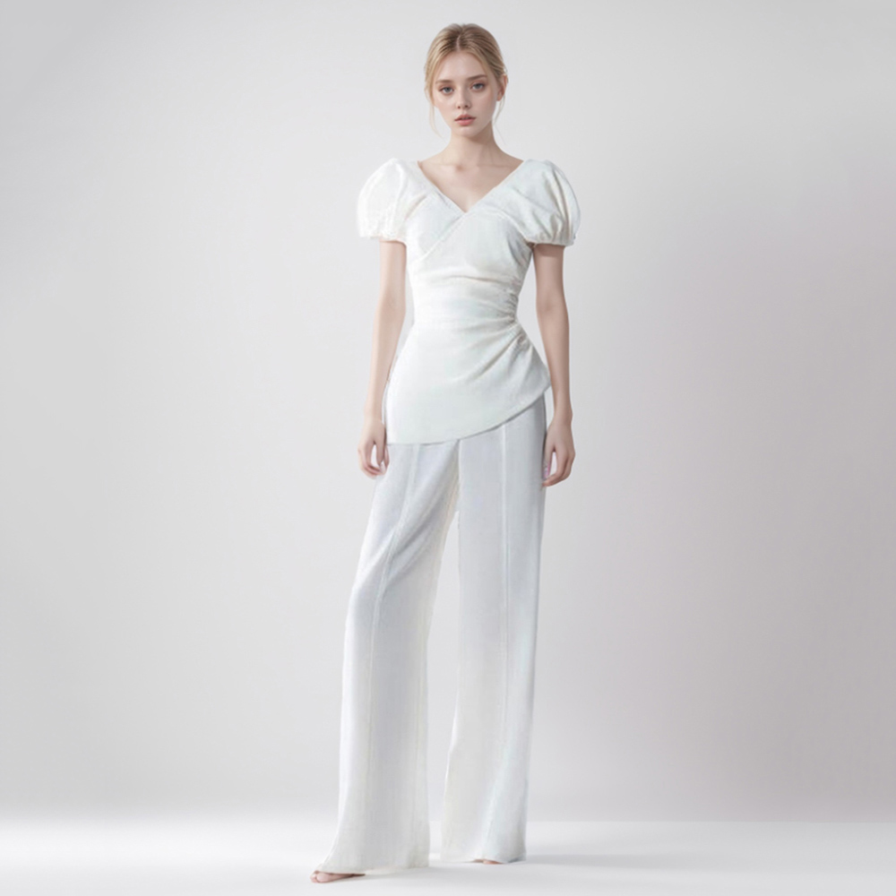TWOTWINSTYLE New Pleated One-shoulder Casual Top White 2 Piece Sets Pants Two Piece Suit Women Clothing Sets for Women