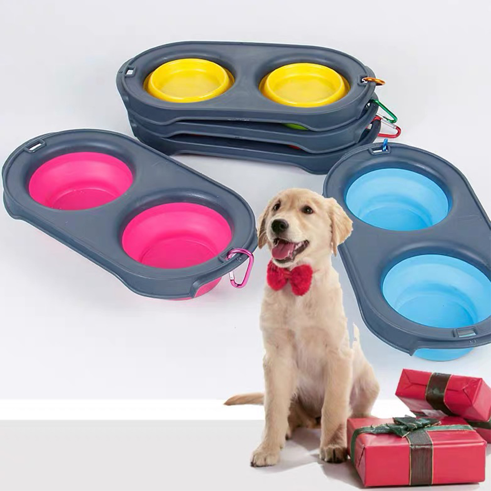 Ikitchen Amazon Folding Dog Water Bowl Outside Pet Feeder Bowl Double Collapsible Dog Bowl For Travel