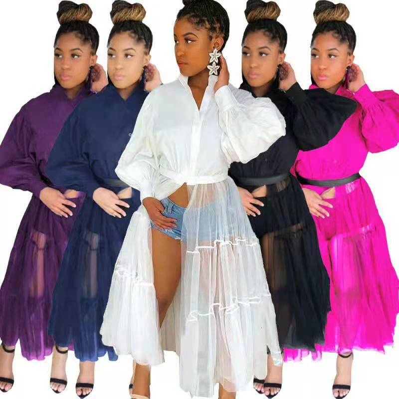 S-4XL Night Club Party Wear Mesh Patchwork Long Sleeve Plus Size Spring Dresses For Mature Women Shirt long skirt thin coat