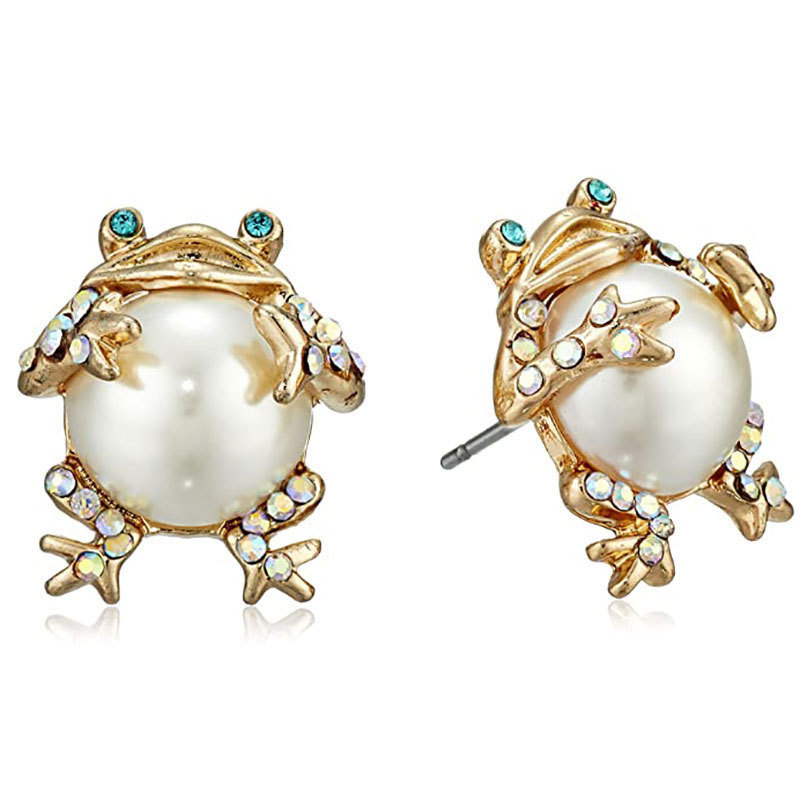 1 Pair pearl Frog Stud Earrings for Women Girls Animal Creative Crystal Stud Earrings Piercing Women Jewelry Accessories