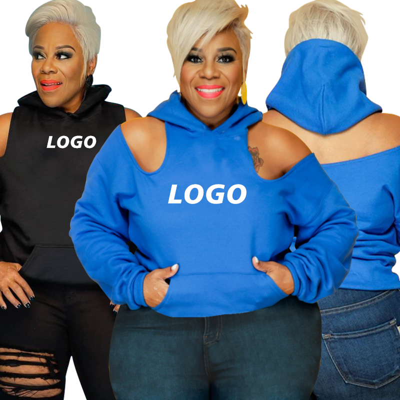 Women's Hoodies Plus Size Sweatshirt Embroidery LOGO Custom Pullover Hoodie Women Long Sleeve Cold Shoulder Tops with Pocket 926