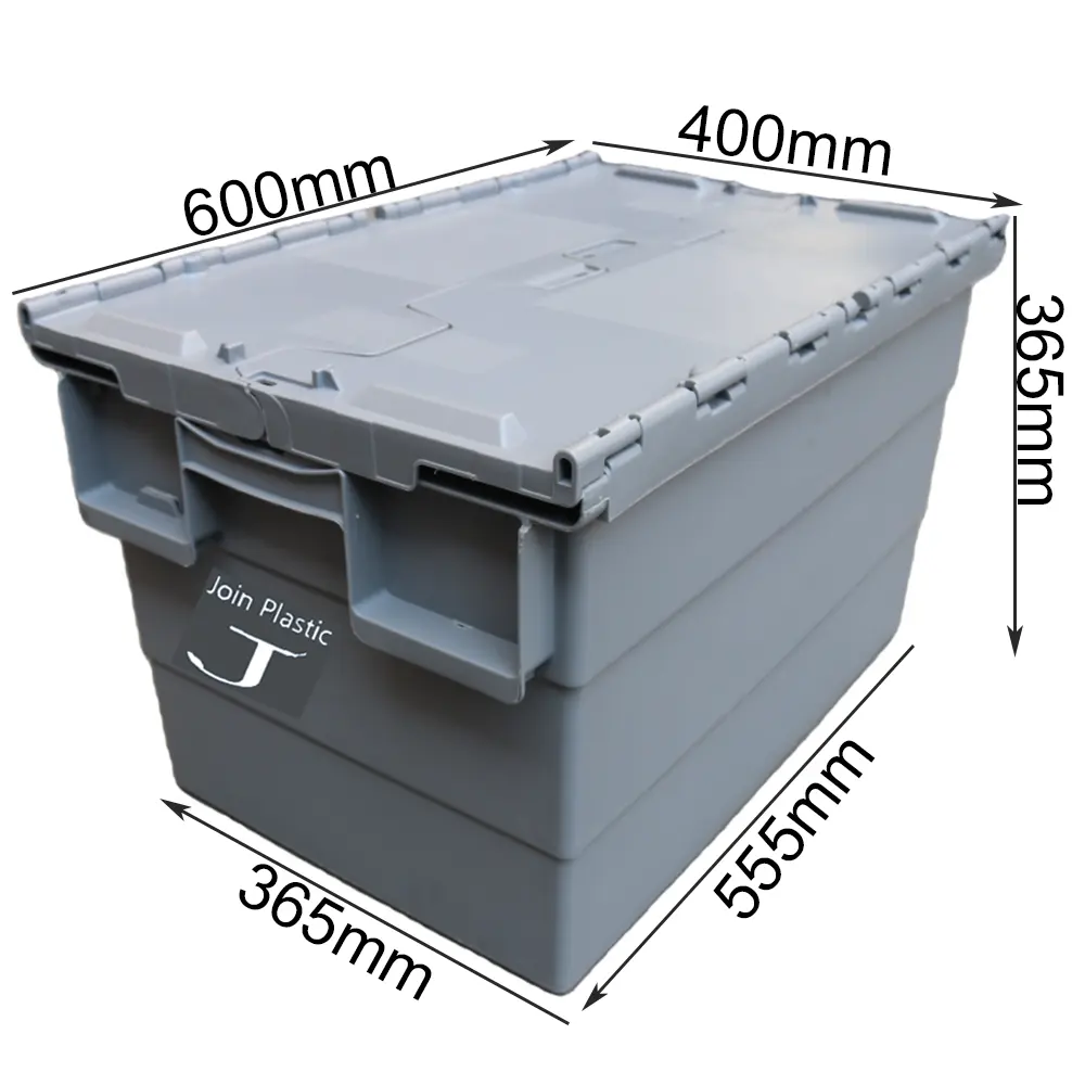 QuSheng 35kgs Moving Plastic Heavy Duty Storage Bin 50L Stackable Plastic Transparent Bin Lid Attached Plastic Moving Crates