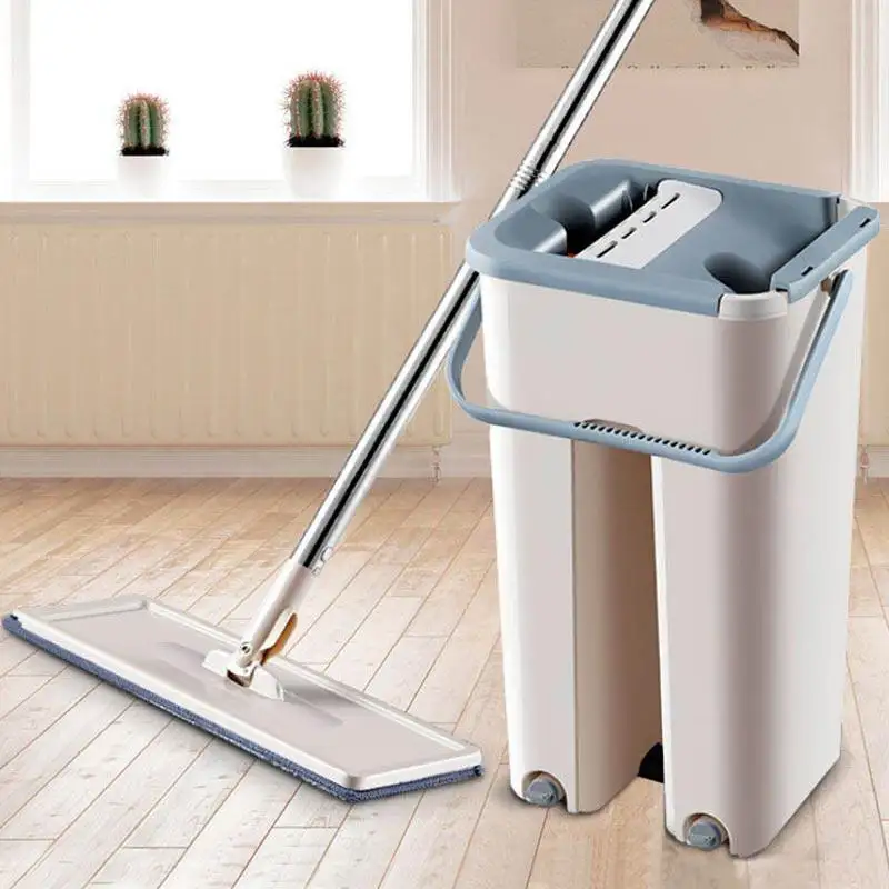 Flat Squeeze Mop Bucket Hand-Free Wringing Floor Cleaning Mop Automatic Spin Self Cleaning Lazy Mop