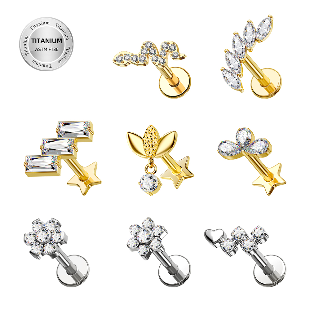 Toposh ASTM F136 g23 Zircon Rock Threadless Push In top Rings dangle ear Labret titanium piercing jewelry