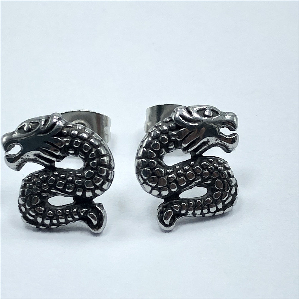 Korean version with ear holes titanium steel domineering symmetrical double dragon personality fashion earrings men's ear buckle