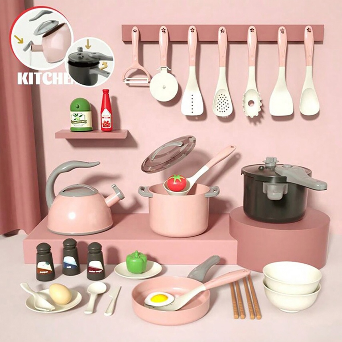 32pcs Set DIY Kitchen Toys Pink&Blue Pretend Toys Simulation Cooking Accessories Role Playing Pink Color Girl Kitchen Toy