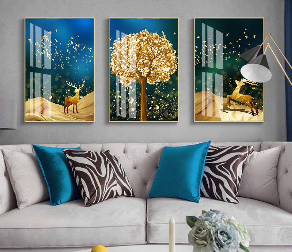 Wholesale Modern Golden Art Diamond Crystal Porcelain Paintings with Animal for Living Room Wall