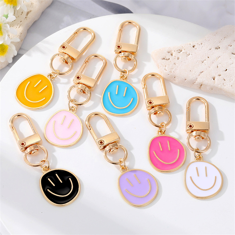 Promotional Gift Bag Key Charms Yellow Pink Blue Black Enamel Cute Metal Happy Smile Face Keychain Accessories For Women