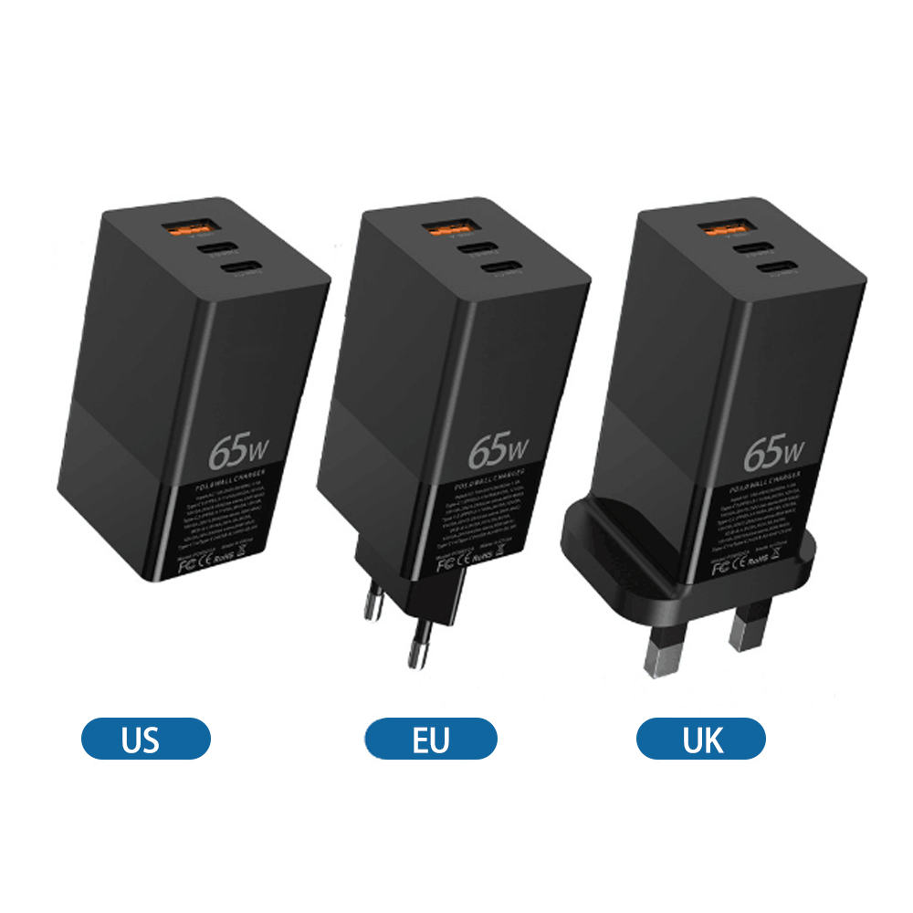 Convertible Plug 65W 2 Type c Port 1 USB Port Super Fast Gan Charger