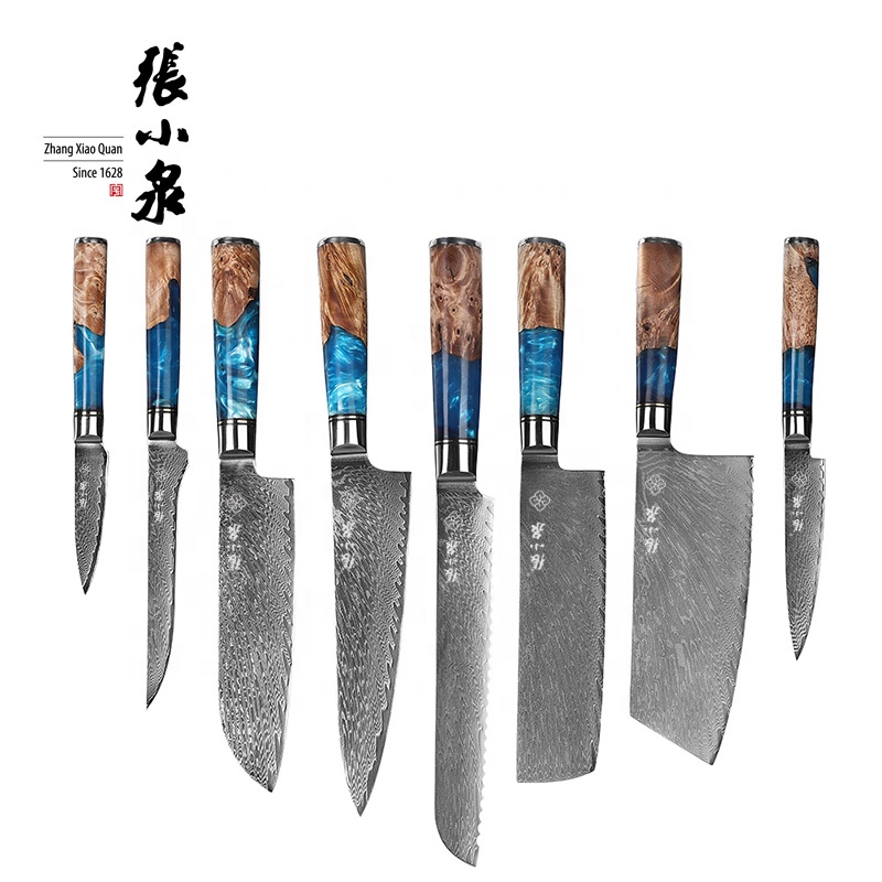 Synthetic resin handle flatware set stablized wood resin damascus knife set
