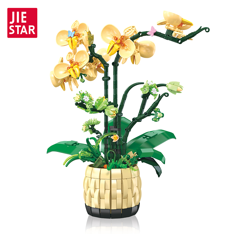 JIE STAR JJ9067 Plastic Building Blocks Flowers Creative Office Table Ornaments Orchid Flower Building Block Set with Lighting