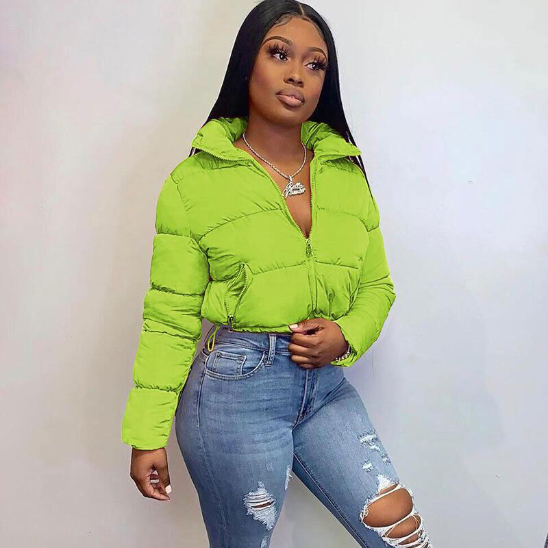 Winter Women Long Sleeve Mandarin Collar Pockets Puffer Bubble Crop Short Down Coat