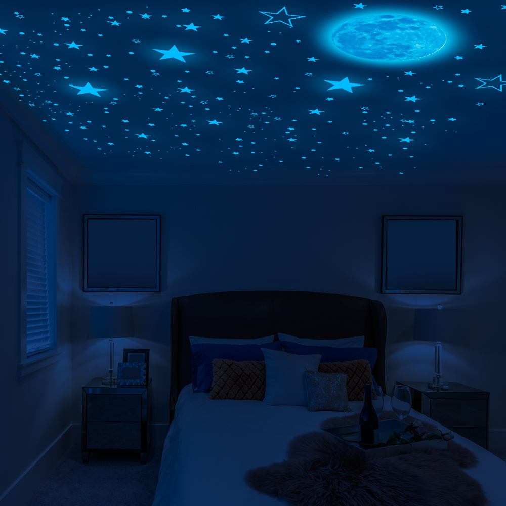 Removable Glowing In The Dark Moon And Stars Night Light Glowing Planet Mural Stickers Adhesive Ceiling Wall