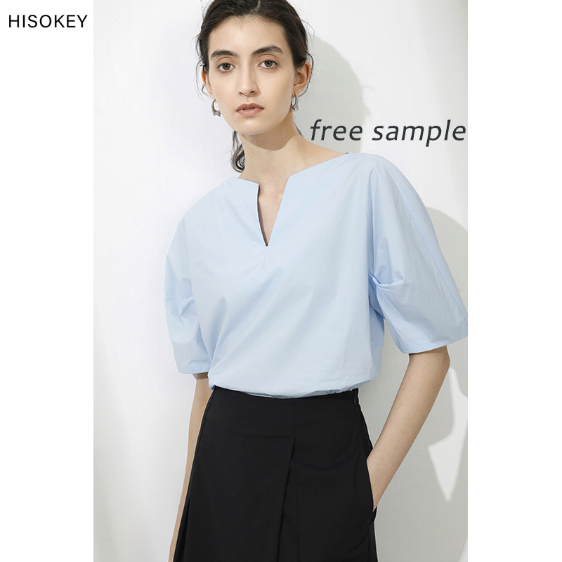 HISOKEY 2021 commuter cotton versatile loose slit small V-neck Sleeve design female top t shirt