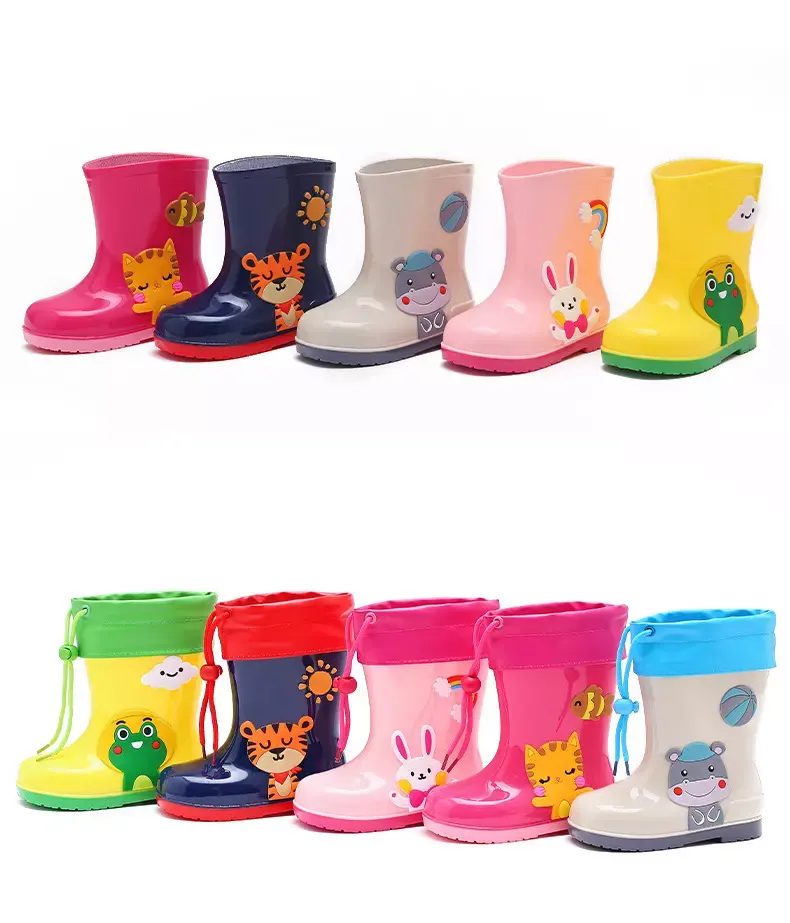 Low MOQ Easy On Wellies Kid's Waterproof Animal Character With Contraction Rope Printed PVC Children Rain Boot